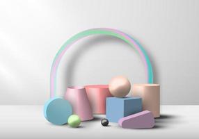 Set of 3D geometric object pastel color display on white background vector