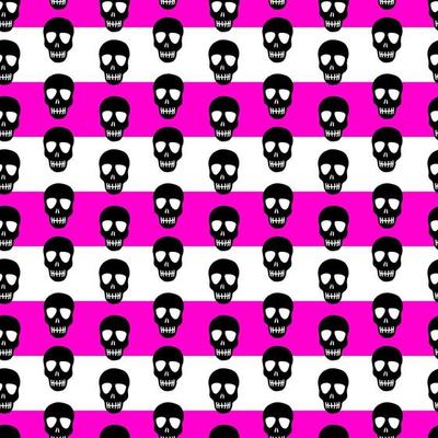 seamless pattern with black skulls on a white-pink striped background