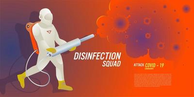 Ilustración de un equipo de desinfección que ataca los virus corona. vector