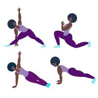 A black woman does yoga or fitness. Vector illustration