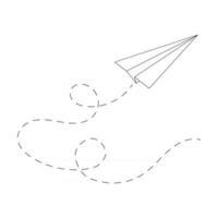 Flying origami paper plane with path. Airplane dashed line vector