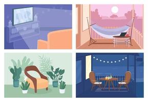 Home recreation flat color vector illustration set