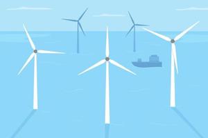 Wind farm locating in shallow water flat color vector illustration