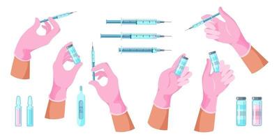 Doctor hands with syringe, bottle  with vaccine vector