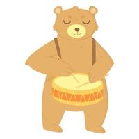lindo bebé oso marrón tocando el tambor. la impresión de los niños se puede utilizar como póster vector