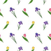 seamless pattern of iris and tulips flowers. print with leaves vector