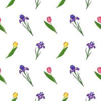 seamless pattern of iris and tulips flowers. print with leaves vector