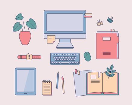 Collection of objects on the desk. vector