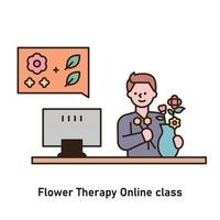 un hombre está haciendo terapia de flores mientras ve una clase en línea. vector