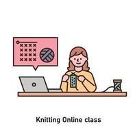 una mujer está aprendiendo a tejer mientras ve una clase en línea. vector