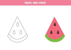 Trace and color cute watermelon slice. Worksheet for kids. vector