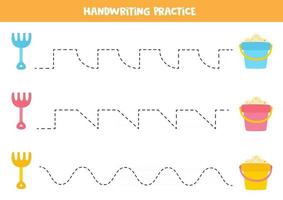 Tracing lines with cartoon bucket and rake. Writing practice. vector