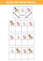 Decode and encode pictures. Write the symbols under cute farm animals. vector