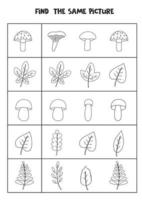Find two the same leaves and mushrooms. Black and white worksheet. vector