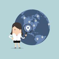 Businesswoman holding magnifying glass finding map pin over world map. vector