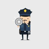 Personaje de oficial de policía con uniforme azul gritando con megáfono. vector