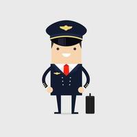 Profession pilot of aircraft. Man in uniform standing with luggage. vector