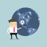 Businessman holding magnifying glass finding map pin over world map. vector