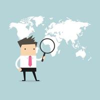 Businessman holding magnifying glass finding over world map. vector