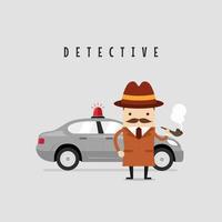 divertido personaje detective con su coche. vector