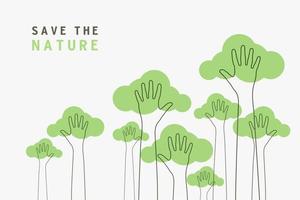 Lined of hands raised up like trees. Save the Nature. vector