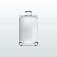 Silver travel luggage on white background. Realistic suitcase. vector