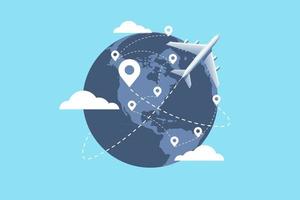 Plane flying around the world. Travel planning. travel concept. vector