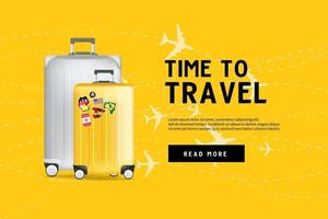 Time to travel. Traveling luggage bag banner template. vector