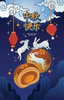 Three Rabbits Flying Around Moon Cake vector