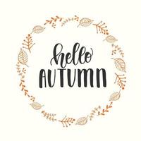 Autumn lettering calligraphy phrase - Hello Autumn. Invitation Card vector