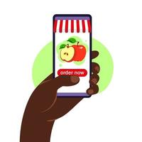 Online food order. Grocery delivery. Hand holding smartphone. vector