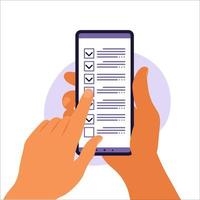 Checklist on smartphone screen. Online survey concept. vector