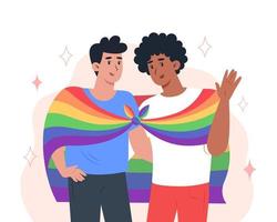 pareja de hombres jóvenes se abrazan y sostienen una bandera del orgullo lgbt del arco iris vector