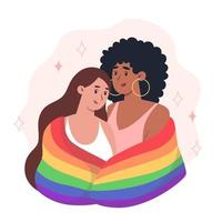 Young women couple hug each other and hold a rainbow LGBT pride flag vector
