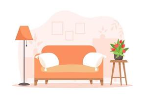 Cozy interior living room with sofa, lamp, table and plants vector