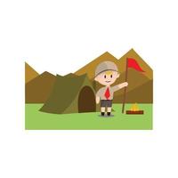 personaje de boy scout en campamento de pie uniforme en la ilustración de montaña vector