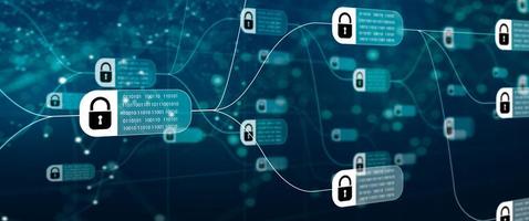 tecnología blockchain con diagrama de cadena y bloques cifrados sobre fondo abstracto foto