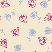 Doodle style strawberries and flowers summer seamless pattern vector