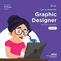 Plantilla de diseño de banner con diseñador gráfico de niña trabajando en una computadora portátil vector