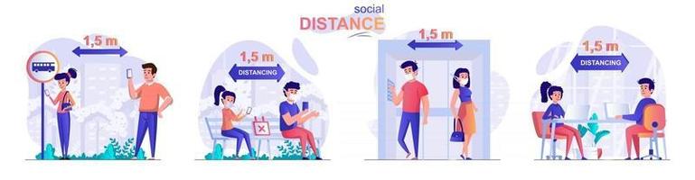 Conjunto de escenas de concepto de distancia social. vector