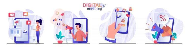 Conjunto de escenas de concepto de marketing digital. vector