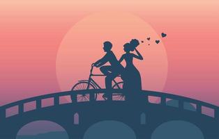 silhouette of a couple riding bicycle on the bridge vector