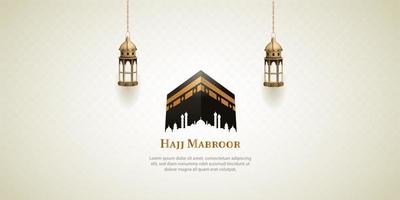 islamic hajj pilgrimage card design with lanterns and holy kaaba vector