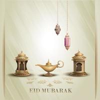 Eid mubarak card design with gold lanterns vector