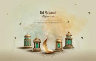 Eid mubarak card design template background with beautiful lanterns vector
