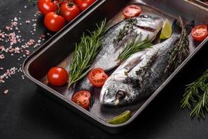 Raw dorado fish with spices cooking on cutting board. Fresh fish dorado photo