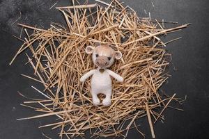 Knitted toy bull of light threads on a dark background photo