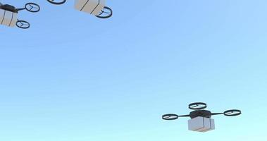 Drone entrega paquete de correos en el cielo azul claro video
