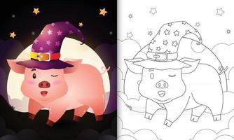 coloring book with a cute cartoon halloween witch pig front the moon vector