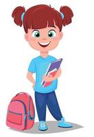Cute redhead girl with books in casual clothes stands near schoolbag. vector